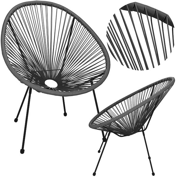 Ratannowy fotel ogrodowy, wys. 87 cm ażurowe krzesło owalne na zewnątrz, szary